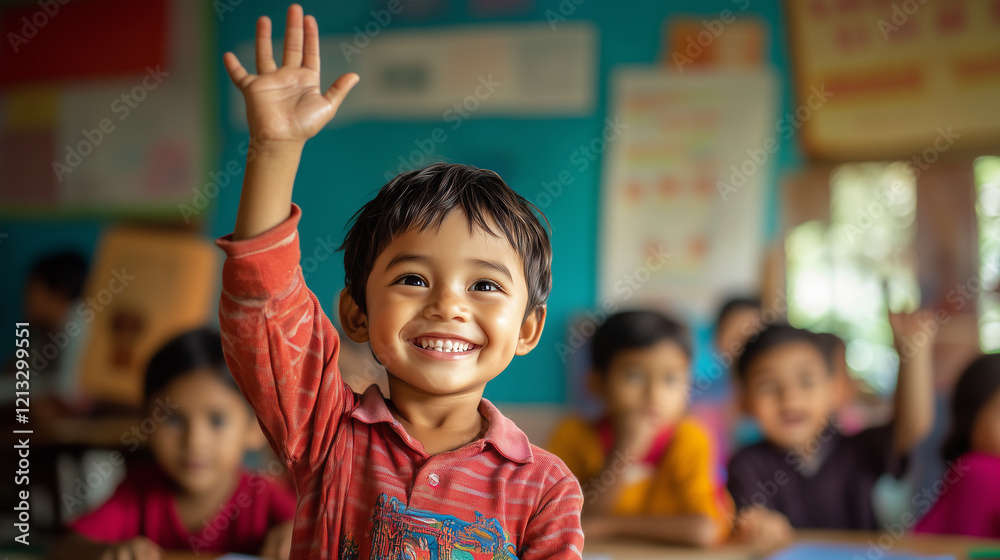 Smiling Child Raising Hand in Classroom Smiling Child Raising Hand in Classroom