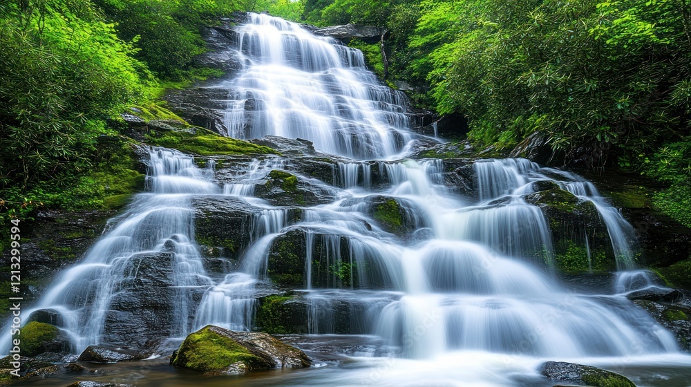 Obraz premium Cascading mountain waterfall, lush forest backdrop, nature serenity, travel brochure