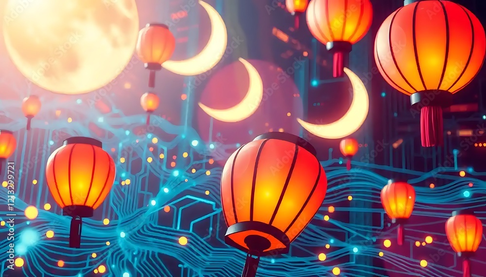Illuminated Lanterns Float Amidst a Digital Lunar Scene Illuminated Lanterns Float Amidst a Digital Lunar Scene