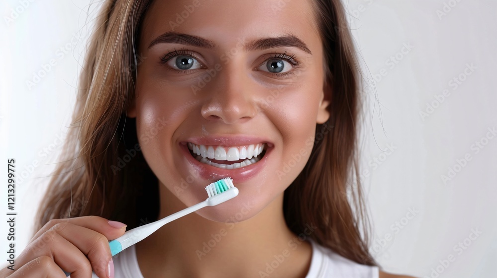 Woman Brushing Teeth on White Background for Dental Care Concept Woman Brushing Teeth on White Background for Dental Care Concept