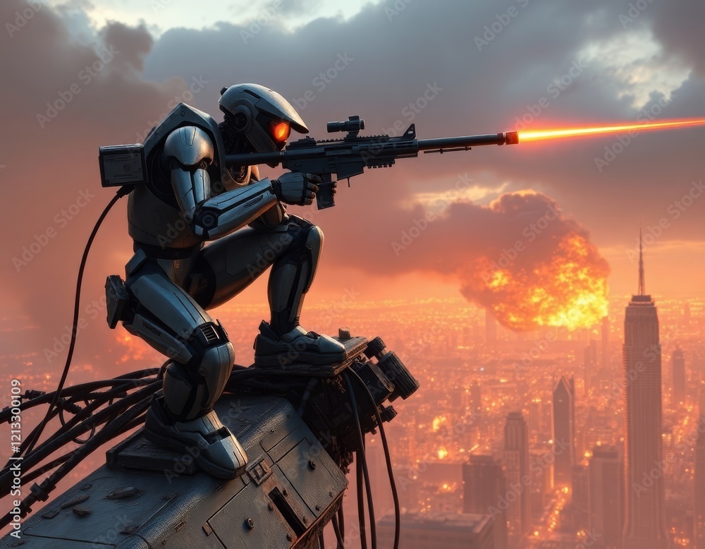 Fototapeta premium Advanced Sniper Amidst Urban Destruction