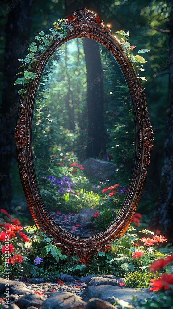 Obraz premium Ornate Mirror Reflecting A Magical Forest Garden