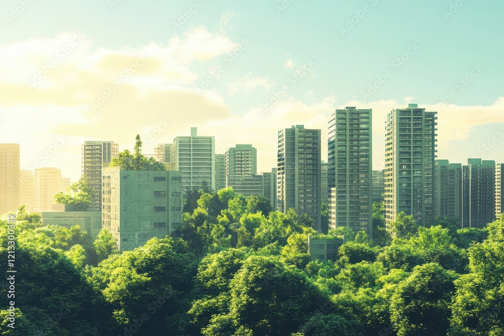 Green cityscape with lush trees surrounding modern buildings. Illustrates sustainable urban development and eco-friendly city living. Green cityscape with lush trees surrounding modern buildings. Illustrates sustainable urban development and eco-friendly city living.