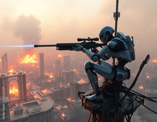 Sniper Operative Overlooking a Burning Metropolis photo