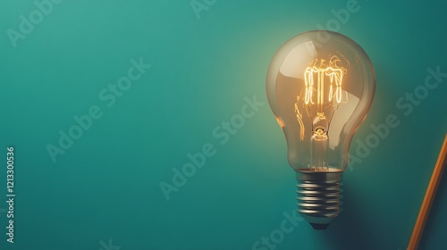 Illuminated Light Bulb and Pencil on Teal Background: Innovation Concept
