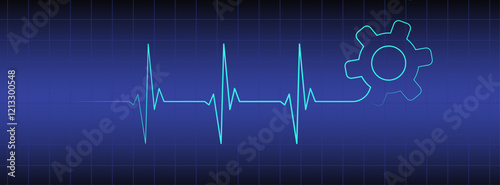 Blue medical monitor editable heart rhythm illustration with gear, heartbeat line vector design to use for healthcare, business, healthy lifestyle, medicine and ekg concept illustration projects. 