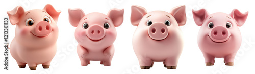 Cartoon Pig Figurines in Various Poses on Transparent Background