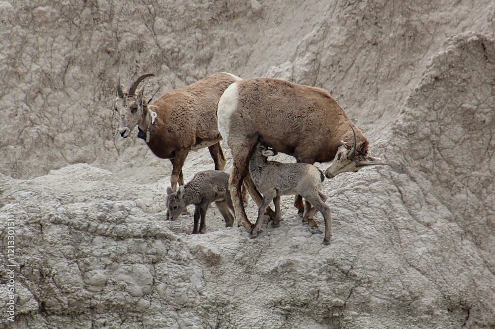 Bighorn Sheep Ewes and Spring Lambs in Badlands National Park in South Dakota. Bighorn Sheep Ewes and Spring Lambs in Badlands National Park in South Dakota.