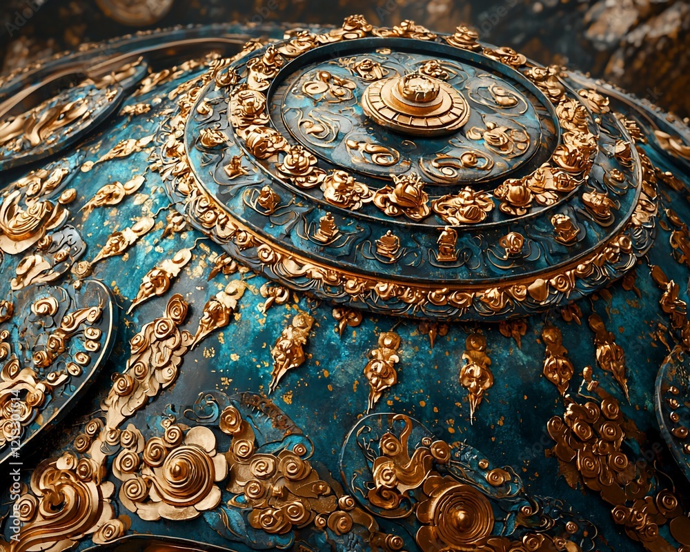 Fototapeta premium Teal and gold ornate spherical surface detail.