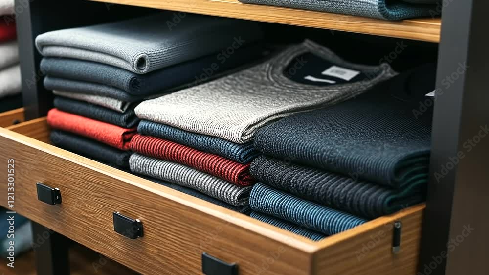 An open drawer with neatly stacked t-shirts, pants, and scarves, sorted by type and aligned in a harmonious color pattern for a visually satisfying effect.