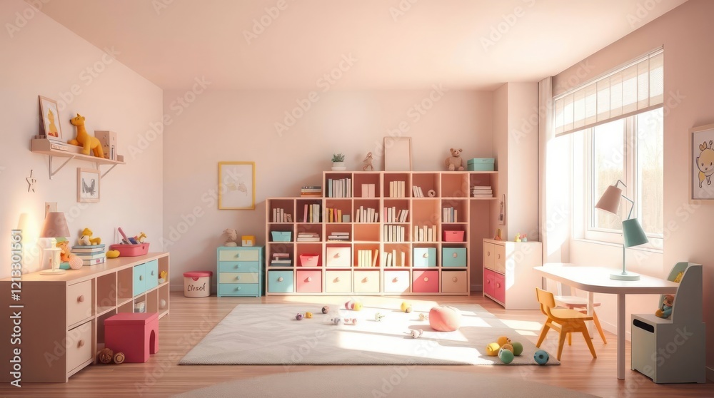 bright room featuring a neatly arranged wooden shelf filled with colorful decor pieces bright room featuring a neatly arranged wooden shelf filled with colorful decor pieces