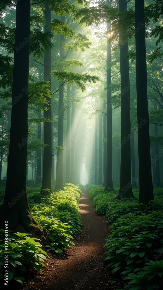 Fototapeta premium A serene forest scene with sunlight filtering through the trees