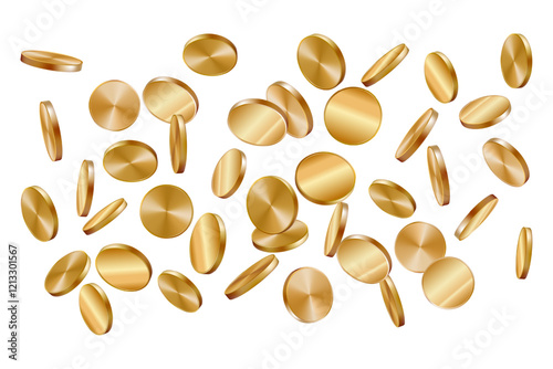 Gold coin falling top view. 3d money vector isolated casino dollar background. Cash spin golden rain insurance badge. Currency rotate game realistic illustration render. Treasure jackpot flying bank.