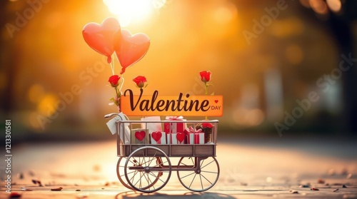 Small cart with 'Valentine's Day' and heart balloons photo