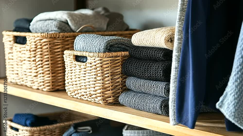 An organized home setting with sleek wooden shelves holding woven wicker baskets and chic fabric boxes, storing clothes and cozy blankets.