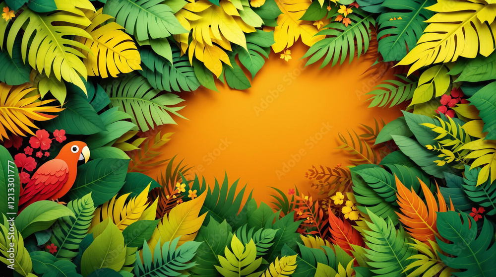 Fototapeta Abstract Rainforest Frame in Paper Cut Style with Parrot Silhouettes