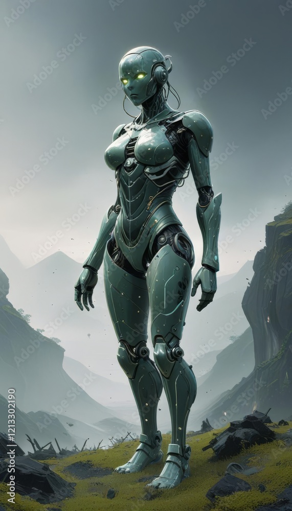 Fototapeta premium Robotic Guardian in a Green Valley