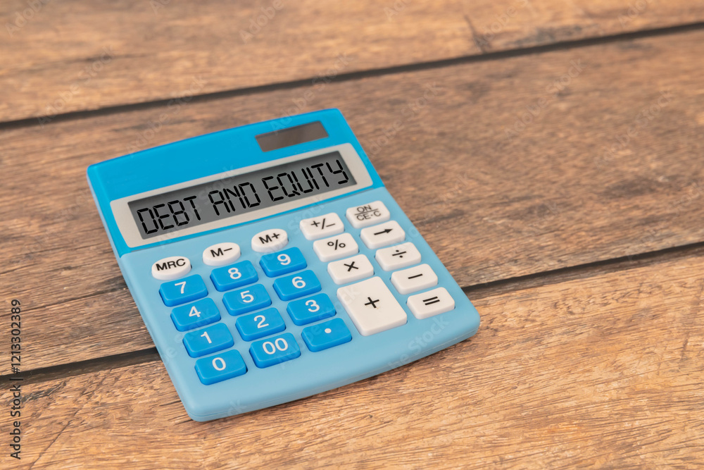 text DEBT EQUITY on easel with office tools and paper. text DEBT EQUITY on easel with office tools and paper.