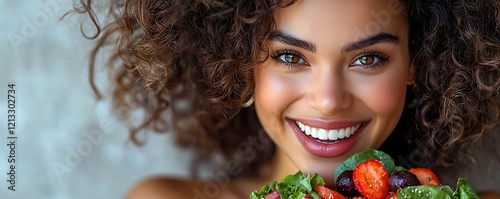 Excited person eating a colorful salad, highlighting healthy and happy eating habits on a light background