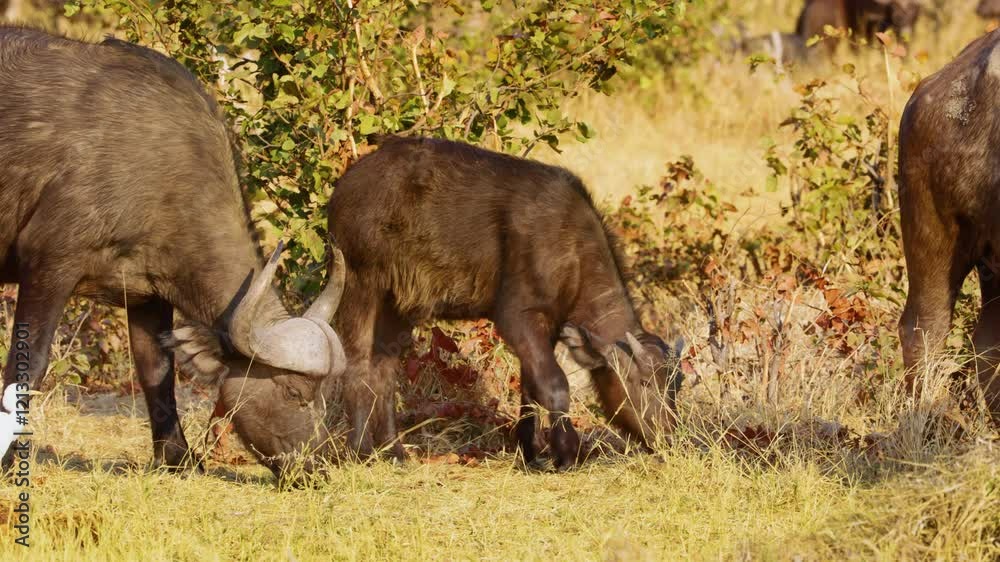 An African calf buffalo grazing with the herd in Khwai Moremi Game Reserve of Botswana of South africa. An African calf buffalo grazing with the herd in Khwai Moremi Game Reserve of Botswana of South africa.