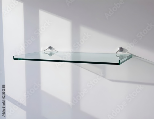 Glass Shelf with Delicate Reflections and Shadows on Textured Wall photo