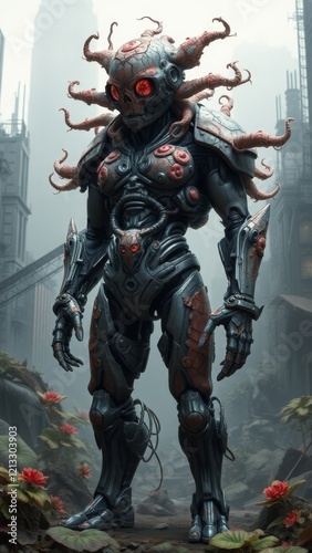 Mutated Robot Standing Among Urban Decay