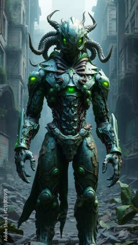 Bio-Cybernetic Creature in a Foggy Cityscape