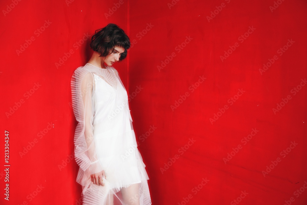Woman in white dress posing against bright red wall in artistic fashion display Woman in white dress posing against bright red wall in artistic fashion display