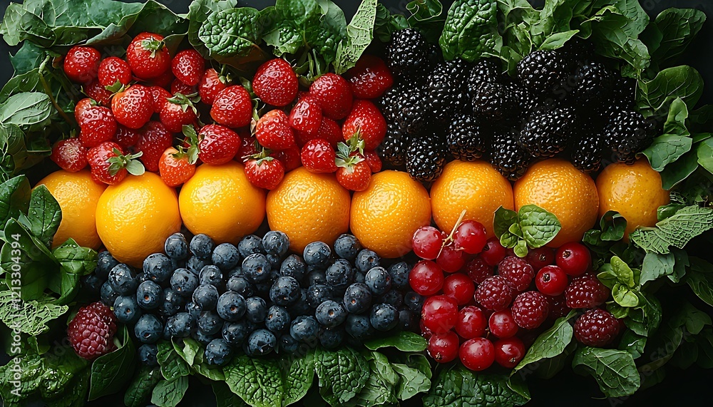 Flat lay vibrant fruits and vegetables, creating an artistic and nutritious food backdrop Flat lay vibrant fruits and vegetables, creating an artistic and nutritious food backdrop