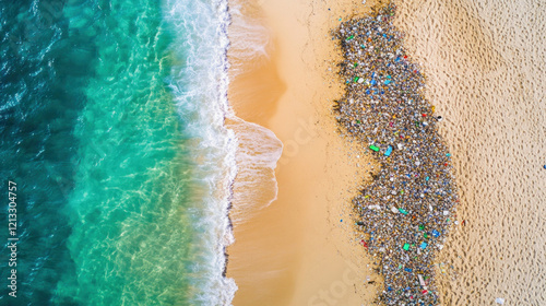 Plastic waste polluting a beautiful beach, aerial view of environmental damage