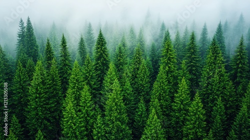 Lush Green Pine Trees in Dense Foggy Forest Landscape