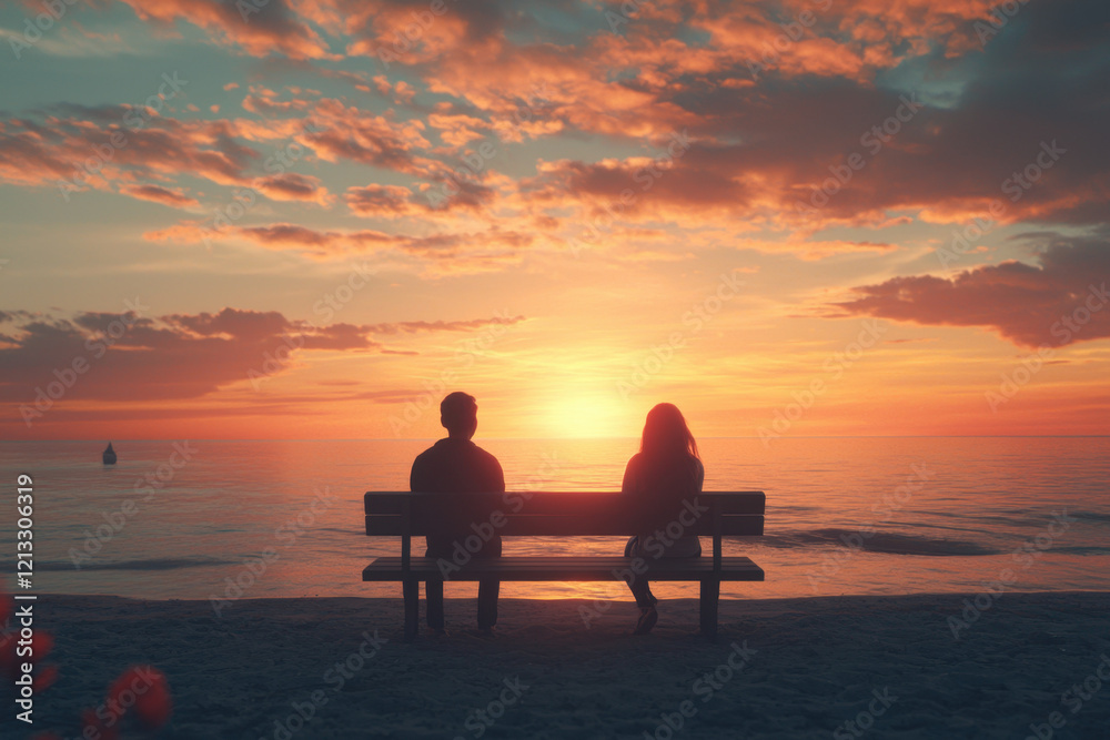 Obraz premium Romantic couple admiring the sunset from a beachside bench