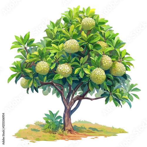 Sugar Apple Tree with Fruit – Watercolor Painting, Colorful Botanical Art, Nature-Inspired Illustration, Lush Tree with Fruits, Vibrant Watercolor Design
