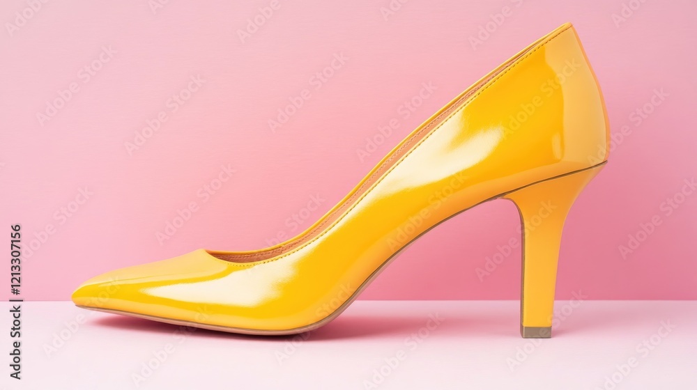 Bright yellow high heels with a minimalist design, placed on a smooth pastel pink surface. Bright yellow high heels with a minimalist design, placed on a smooth pastel pink surface.