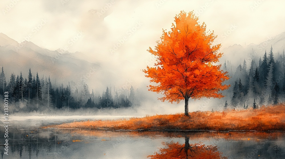 Naklejka premium Autumnal Tree Reflecting in Tranquil Lake Landscape