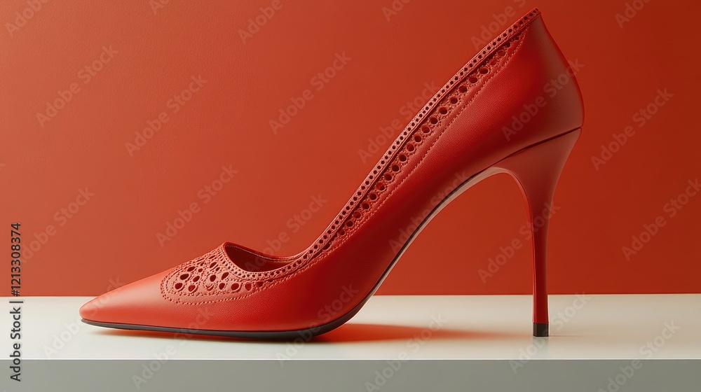 Obraz premium Elegant red high heels with intricate stitching, displayed on a clean white surface with a vibrant orange background.