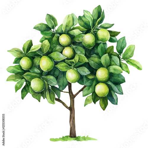 Tahitian Lime Tree with Fruit – Watercolor Illustration, Lush Fruit Tree Art, Hand-painted Lime Tree Design, Tropical Lime Tree Artwork, Botanical Watercolor Nature Piece
