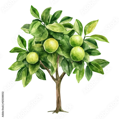 Tahitian Lime Tree with Fruit – Watercolor Illustration, Lush Fruit Tree Art, Hand-painted Lime Tree Design, Tropical Lime Tree Artwork, Botanical Watercolor Nature Piece
