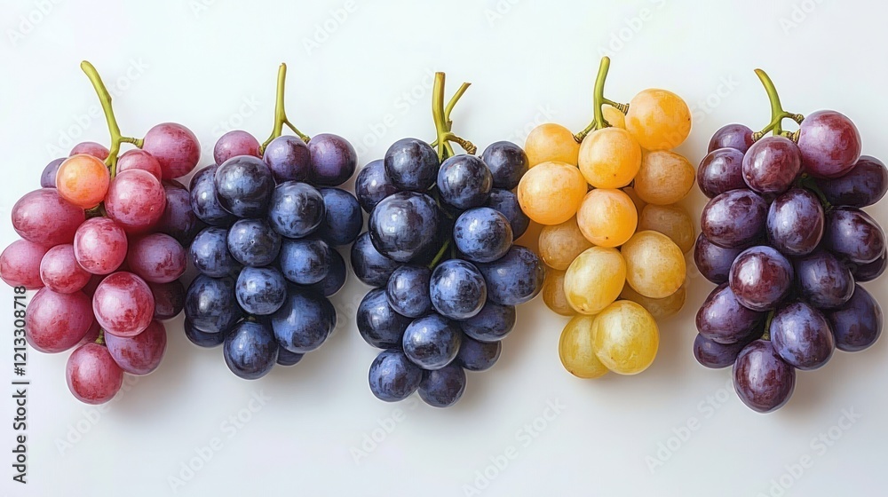 Fototapeta premium Assorted Fresh Grapes Displayed on White Background Showcasing Vibrant Colors Textures and Healthy Varieties