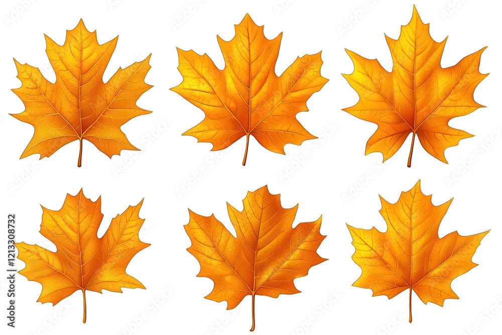 Fototapeta premium A collection of six vibrant orange maple leaves arranged in a visually appealing manner. transparent background
