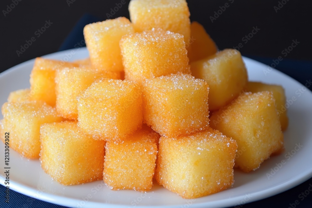 Golden sugar cubes, closely stacked on a plate. Perfect for food blogs, recipes, or dessert menus. Golden sugar cubes, closely stacked on a plate. Perfect for food blogs, recipes, or dessert menus.