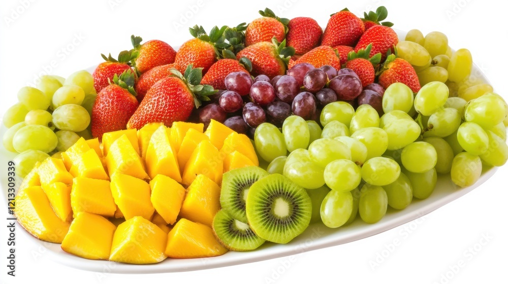 A refreshing fruit platter with an assortment of sliced pineapple, kiwi, grapes A refreshing fruit platter with an assortment of sliced pineapple, kiwi, grapes