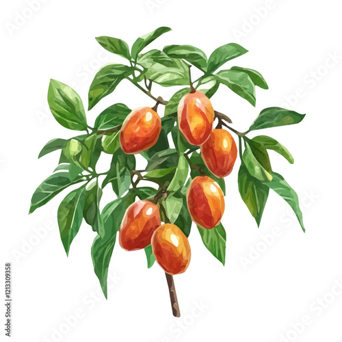 Tamarillo Bush with Fruit – Watercolor Illustration, Vibrant Fruit-bearing Bush Art, Hand-painted Tamarillo Fruit, Botanical Design, Nature-inspired Watercolor
