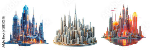 Futuristic Cityscapes Isolated on Transparent Background