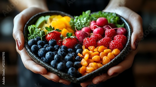 Hands presenting a heart-shaped dish filled with fresh vegetables, fruits, and nuts for a wellness-focused theme photo