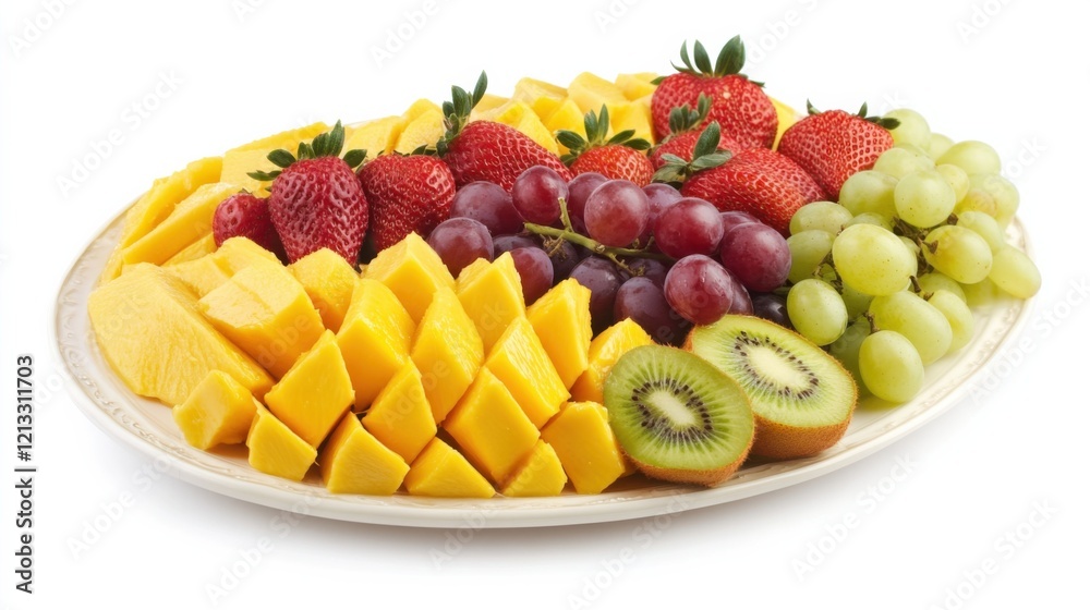 A refreshing fruit platter with an assortment of sliced pineapple, orange wedges, grapes A refreshing fruit platter with an assortment of sliced pineapple, orange wedges, grapes