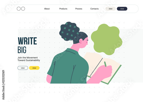 Writing people, modern flat vector concept illustration- sitting woman thoughtfully writing on notebook, bubble near head Metaphor for reflection, personal insight, contemplation, creative expression