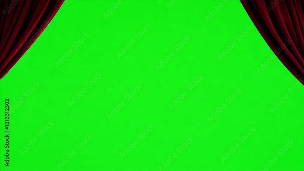 A vibrant green screen framed by elegant red curtains, ideal for editing, video production, or creative presentations. Video opening, intro concept. 4k video footage
