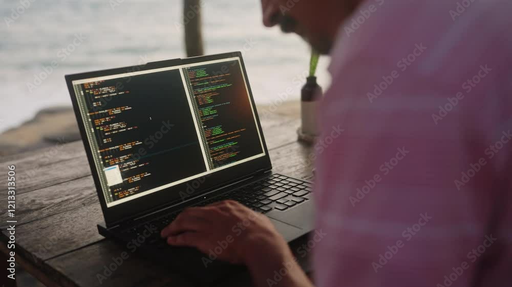 Male developer programs on laptop at beach cafe, sunset behind. Focused man codes software near sea, blends work and leisure. Waves crash as coder scripts on PC, creating tech by ocean shore. Slowmo