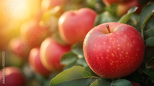 Orchard Sunset Ripe red apples growing on tree, sunlight background, healthy food advertising photo